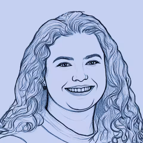 Blue line drawing portrait of Margarita smiling