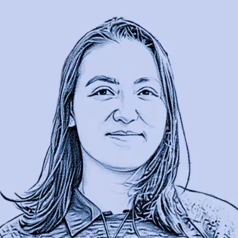 Blue line drawing portrait of Elena smiling