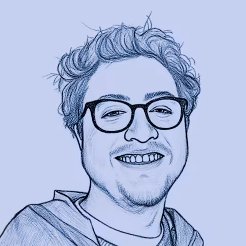 Blue line drawing portrait of Jared smiling