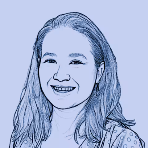 Blue line drawing portrait of Maria smiling