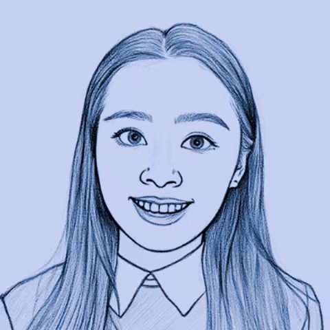 Blue line drawing portrait of Rainie smiling