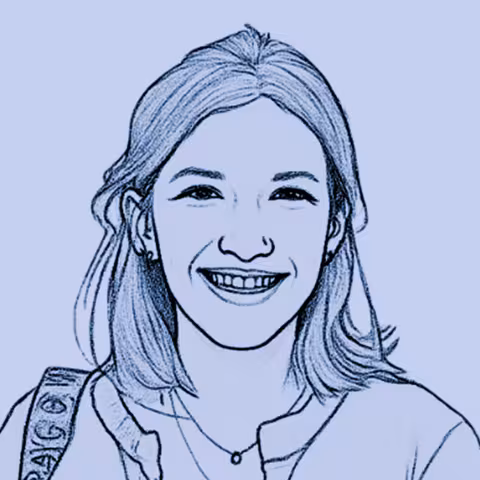 Blue line drawing portrait of Sigal smiling
