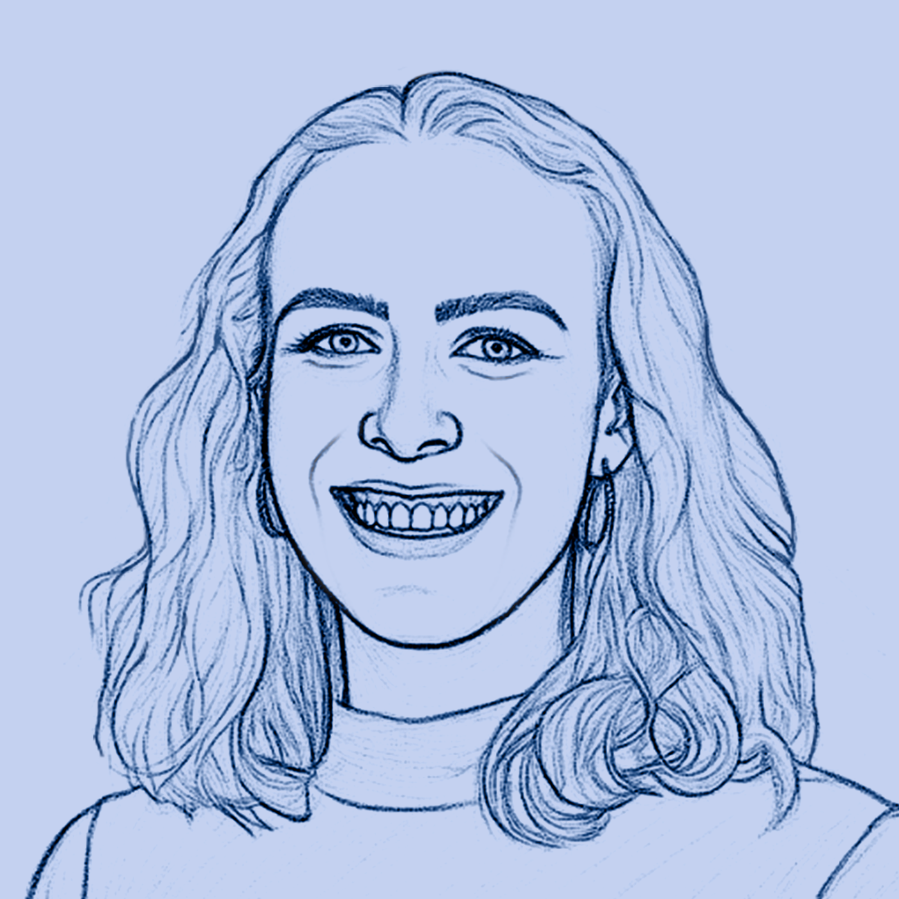 Blue line drawing portrait of Ashley smiling
