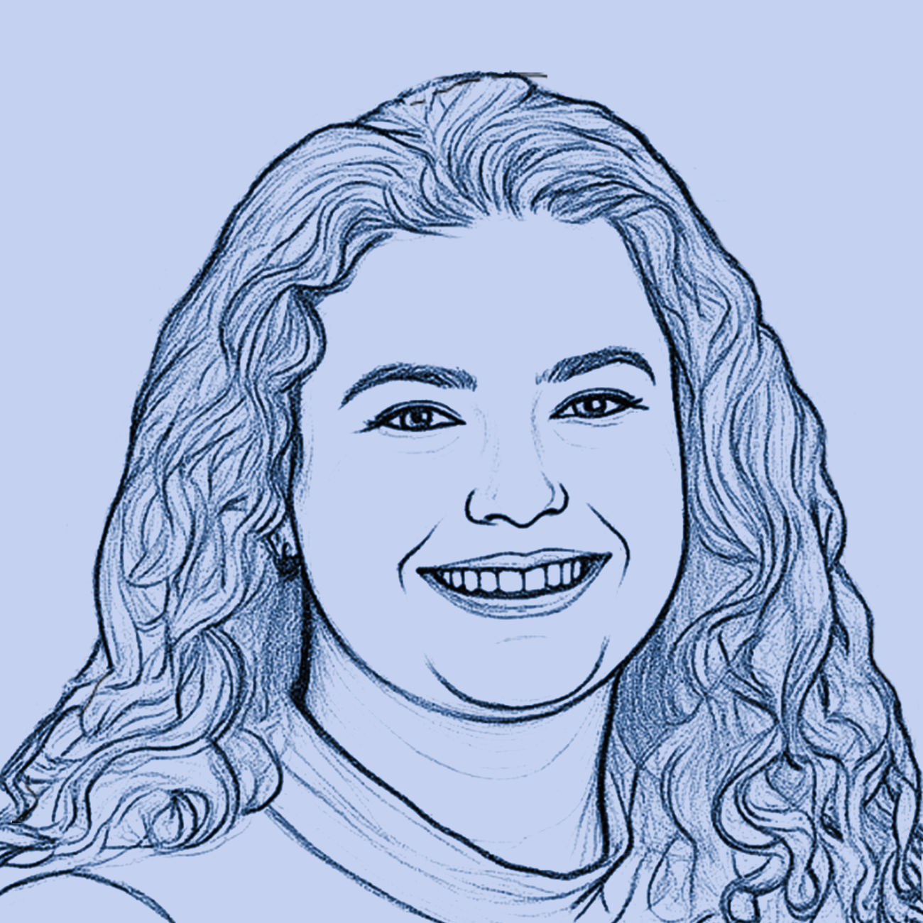 Blue line drawing portrait of Margarita smiling