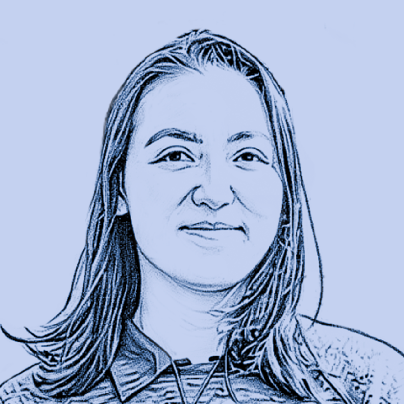 Blue line drawing portrait of Elena smiling