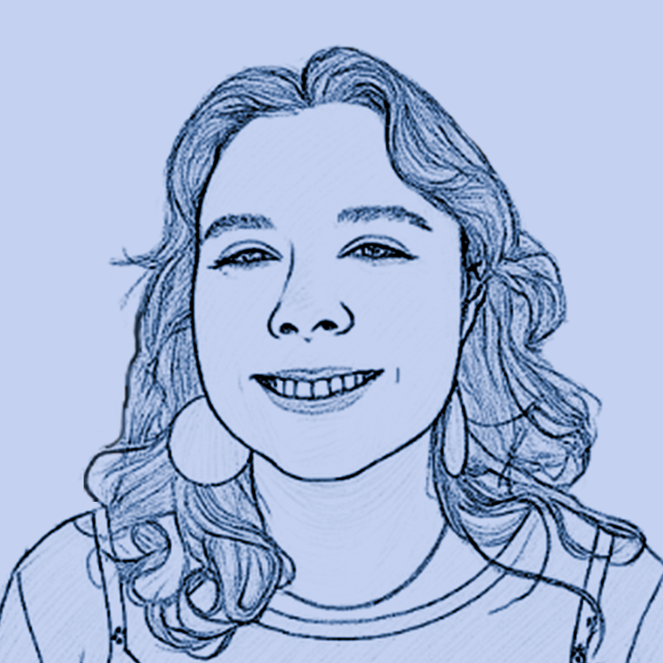 Blue line drawing portrait of Kira smiling