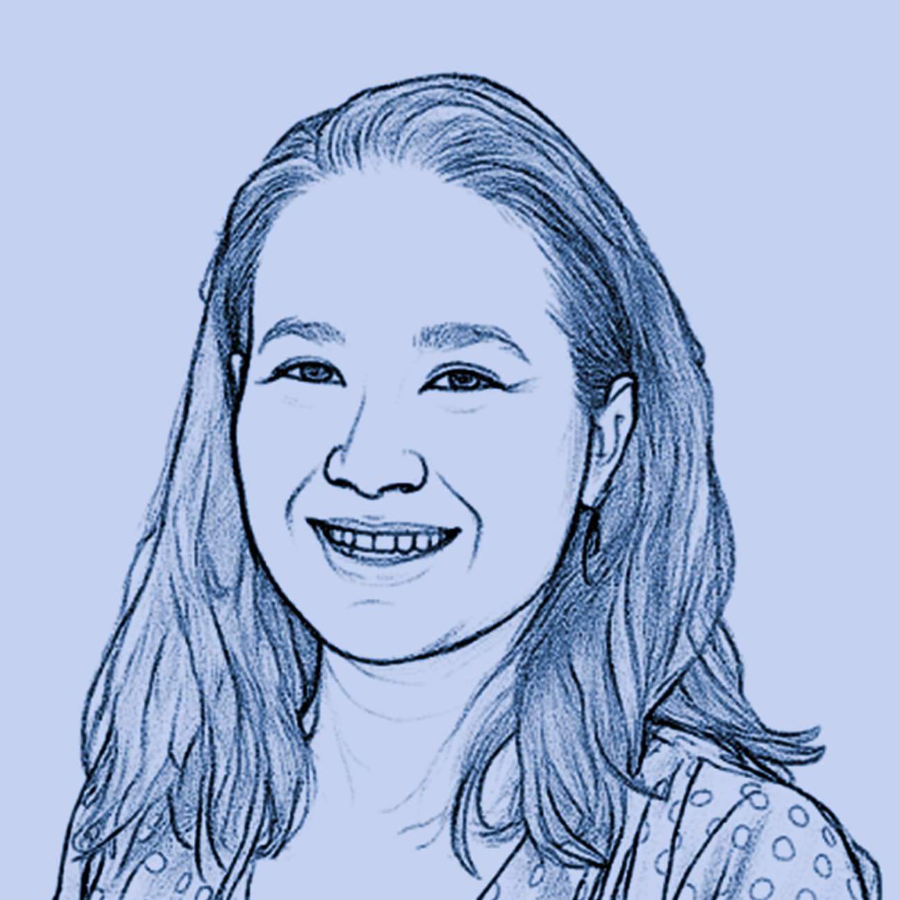 Blue line drawing portrait of Maria smiling
