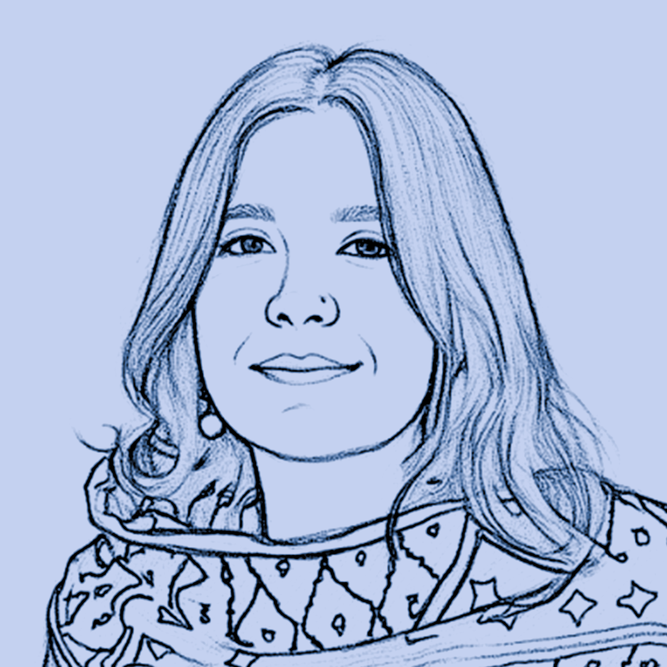 Blue line drawing portrait of Maya smiling