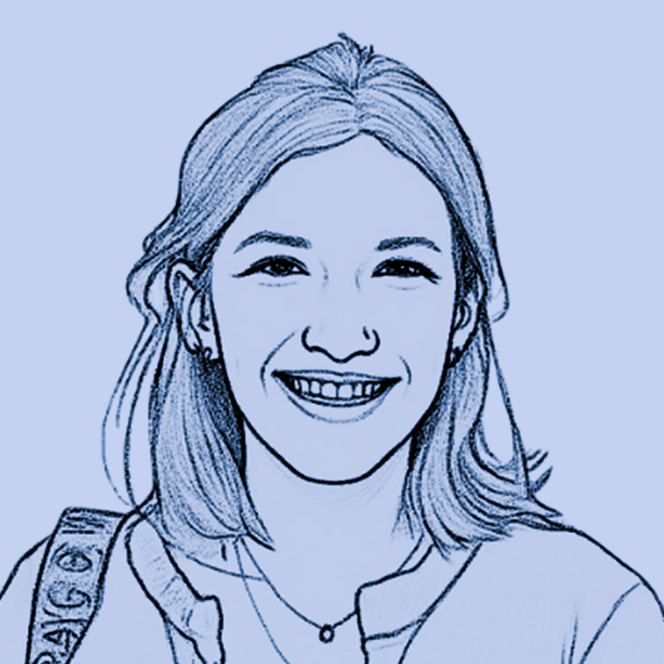 Blue line drawing portrait of Sigal smiling